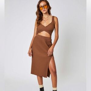 Brown Rib Knit Cross Tank Top.
